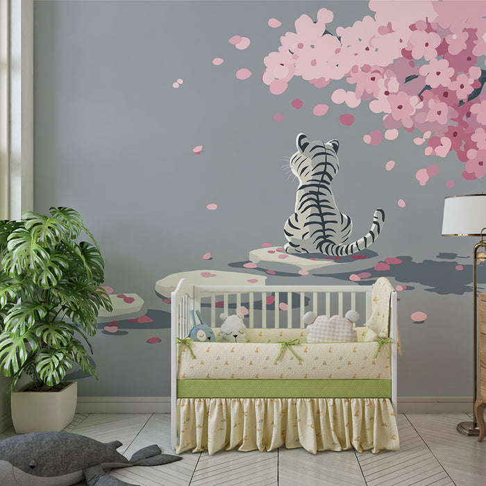 Tapet barnerom | Hvitt tiger under et blomstrende kirsebærtre