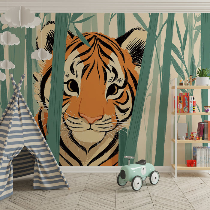 Kinderkamer behang | Tijger verborgen in het bamboebos