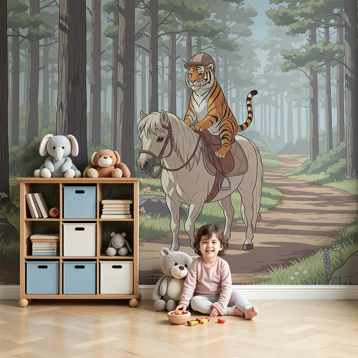 Papel pintado infantil | Un tigre cabalgando un poni en un bosque encantado