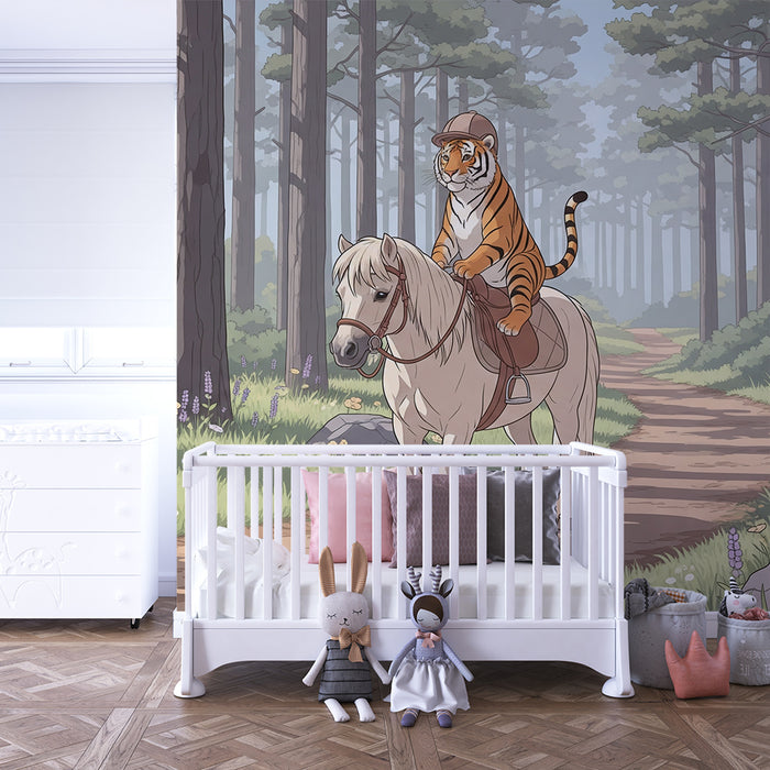 Papel pintado infantil | Un tigre cabalgando un poni en un bosque encantado