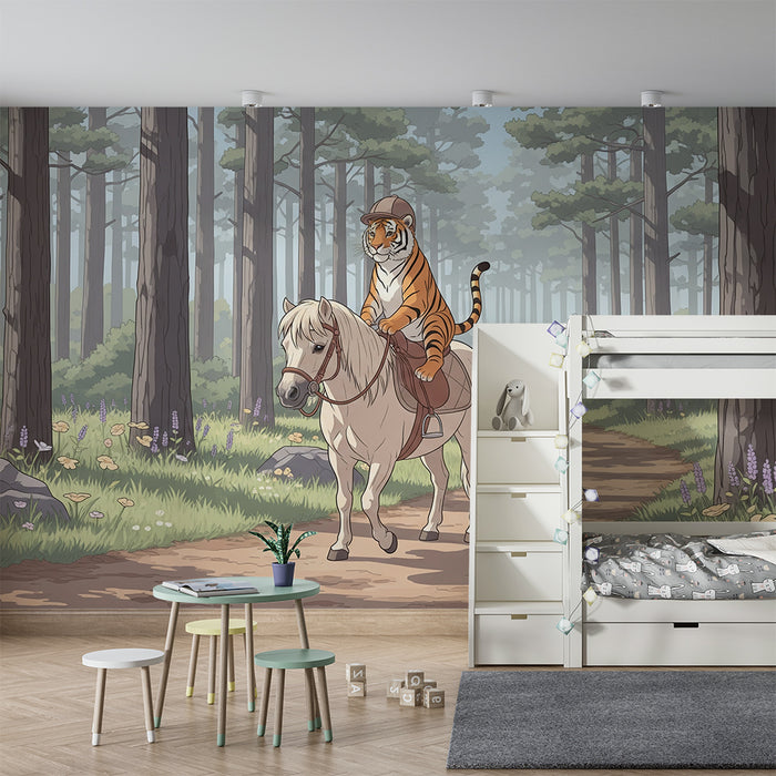 Papel pintado infantil | Un tigre cabalgando un poni en un bosque encantado