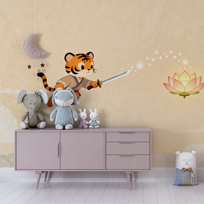 Papel de parede criança | Tigre curajos cu sabie și floare de lotus magică