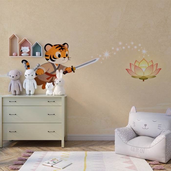 Papel de parede criança | Tigre curajos cu sabie și floare de lotus magică