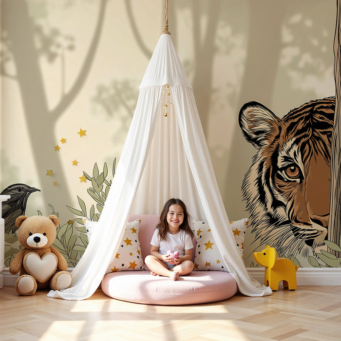Papier peint chambre enfant | Tigre curieux dans la jungle avec un oiseau