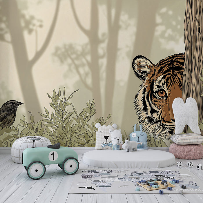 Papier peint chambre enfant | Tigre curieux dans la jungle avec un oiseau