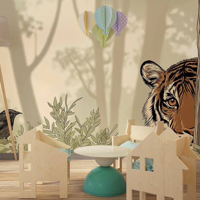 Papier peint chambre enfant | Tigre curieux dans la jungle avec un oiseau