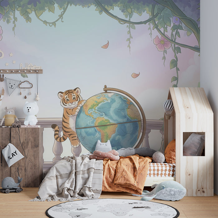 Børneværelse tapet | Nysgerrig tiger og jordklode midt i en blomsternatur