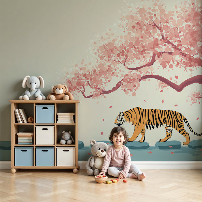 Børneværelse tapet | Tiger går under et blomstrende kirsebærtræ