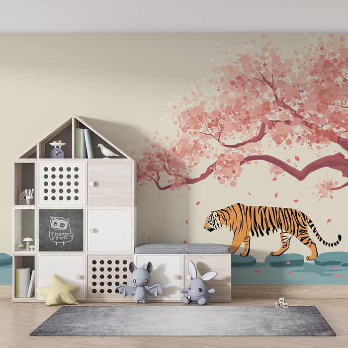 Børneværelse tapet | Tiger går under et blomstrende kirsebærtræ