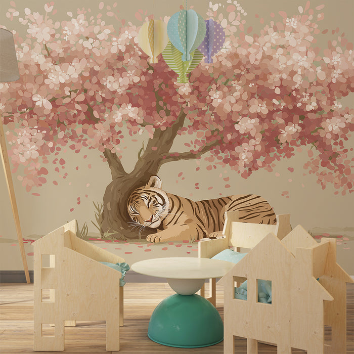 Børneværelse tapet | Sovende tiger ligger under et blomstrende kirsebærtræ