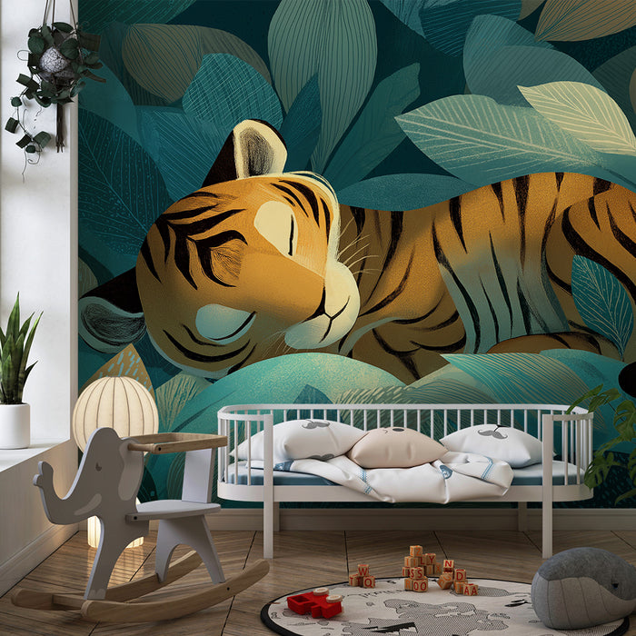 Børneværelse tapet | Sovende tiger midt i en frodig jungle