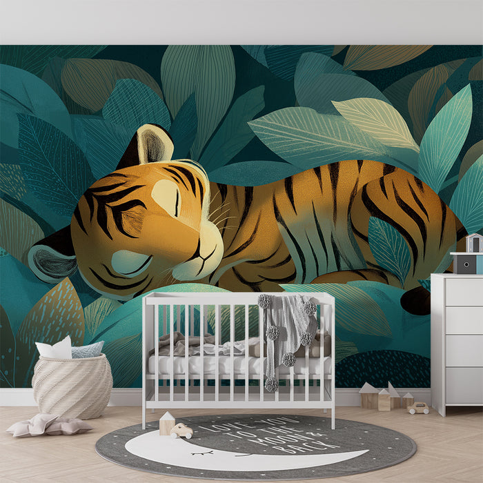Børneværelse tapet | Sovende tiger midt i en frodig jungle