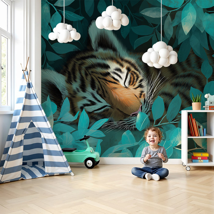 Papier peint chambre enfant | Tigre endormi au milieu des feuillages turquoise