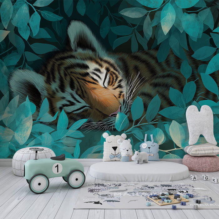 Papier peint chambre enfant | Tigre endormi au milieu des feuillages turquoise