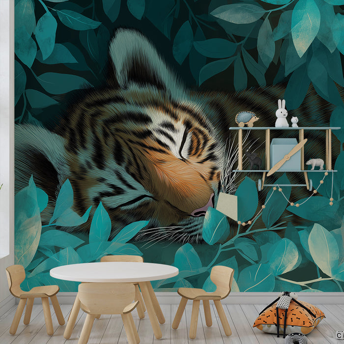 Papier peint chambre enfant | Tigre endormi au milieu des feuillages turquoise