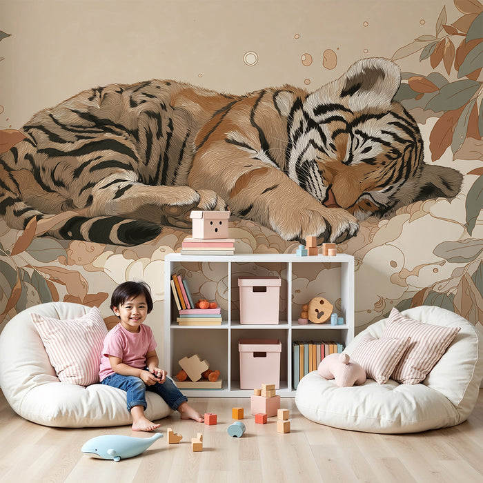 Kinderzimmer Tapete | Schlafender Tiger umgeben von sanften Blättern