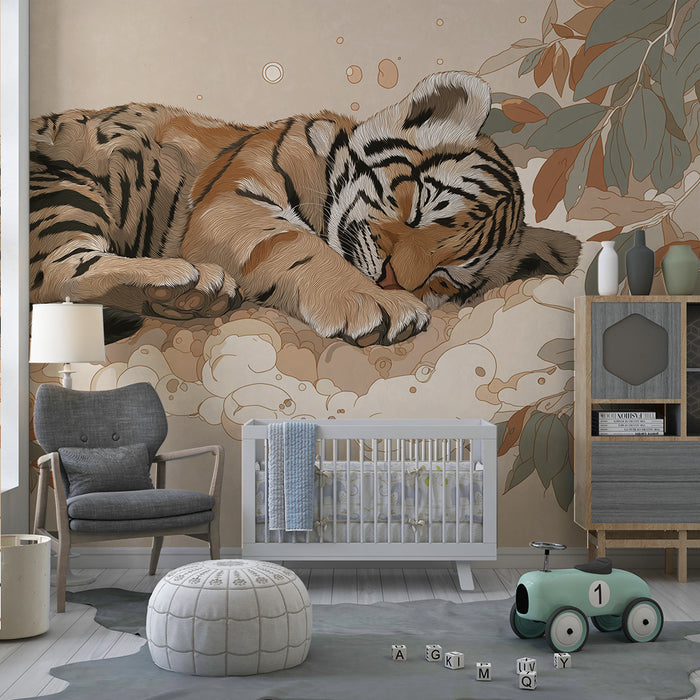 Kinderzimmer Tapete | Schlafender Tiger umgeben von sanften Blättern