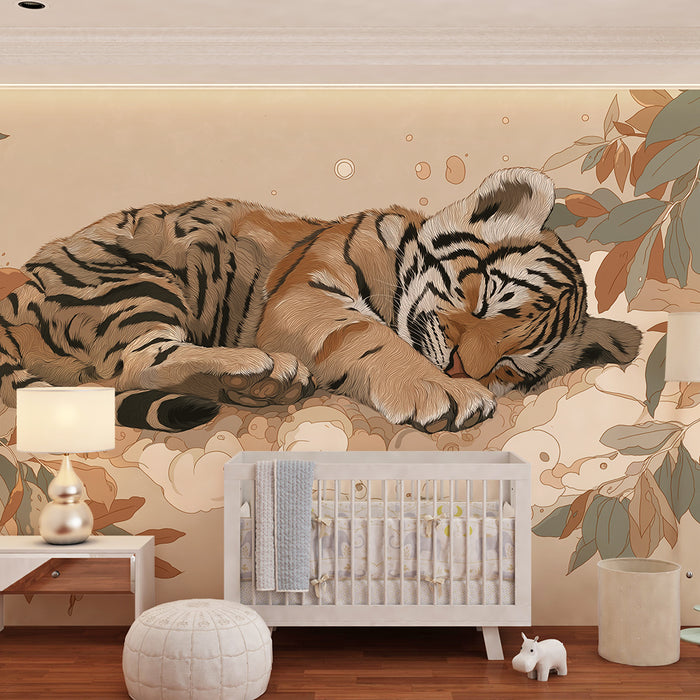 Kinderzimmer Tapete | Schlafender Tiger umgeben von sanften Blättern