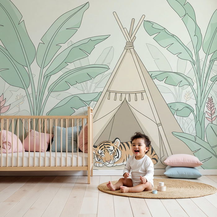Kinderzimmer Tapete | Schlafender Tiger und Tipi im Dschungel
