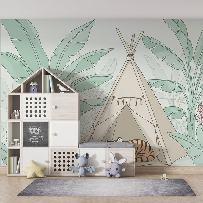 Kinderzimmer Tapete | Schlafender Tiger und Tipi im Dschungel