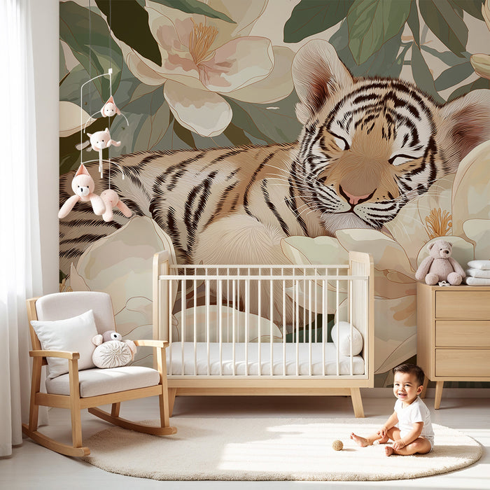 Barntapet | Sovande tiger bland magnolia blommor