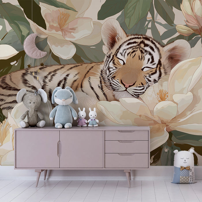 Barntapet | Sovande tiger bland magnolia blommor