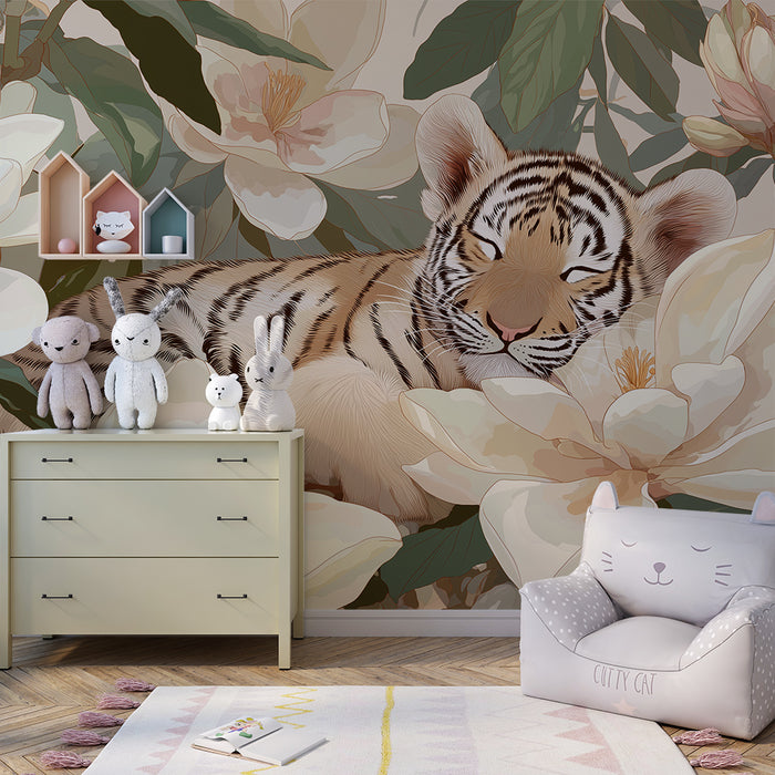 Barntapet | Sovande tiger bland magnolia blommor