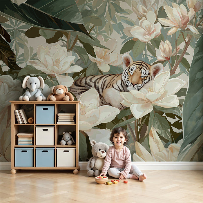 Tapet barnerom | Sovende tiger blant hvite blomster og frodig løvverk