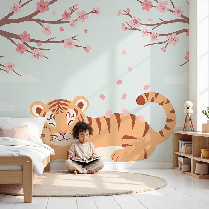 Barntapet | Sovande tiger under blommande körsbärsträd
