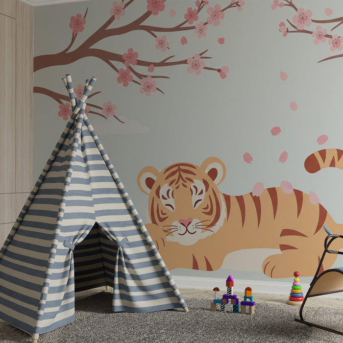 Barntapet | Sovande tiger under blommande körsbärsträd