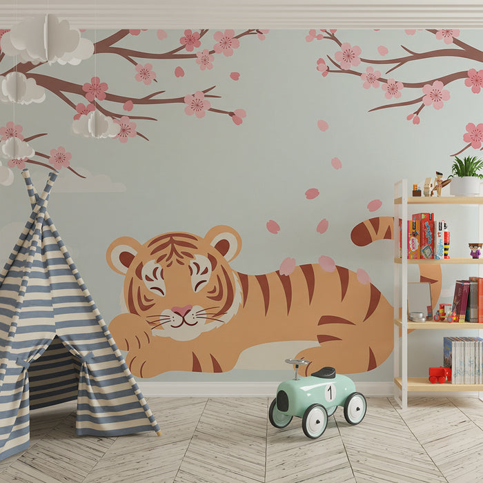 Barntapet | Sovande tiger under blommande körsbärsträd