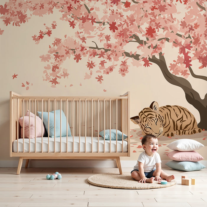 Børneværelse tapet | Sovende tiger under en blomstrende kirsebærtræ
