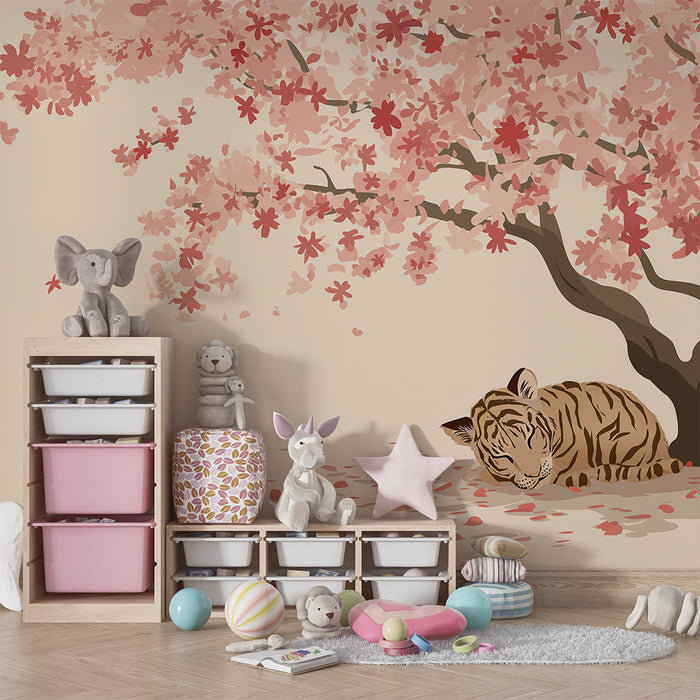 Børneværelse tapet | Sovende tiger under en blomstrende kirsebærtræ