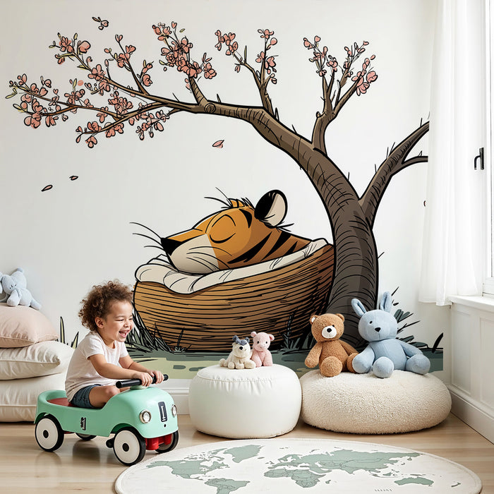 Kids room wallpaper | Sleeping tiger under a cherry blossom tree