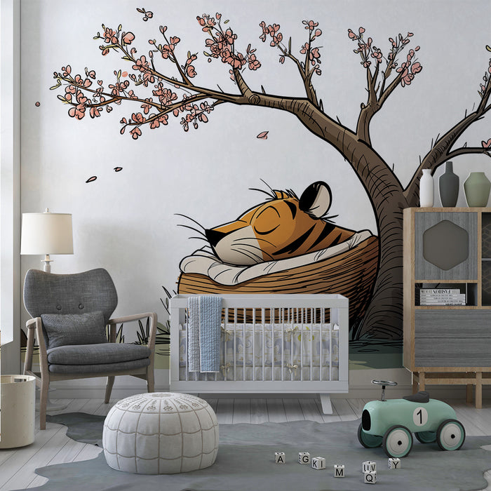 Kids room wallpaper | Sleeping tiger under a cherry blossom tree
