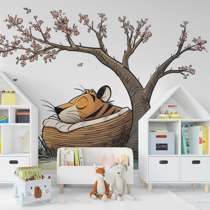 Kids room wallpaper | Sleeping tiger under a cherry blossom tree