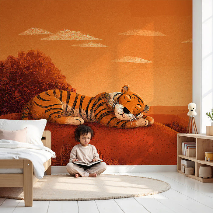 Børneværelse tapet | Søvnig tiger under en orange himmel