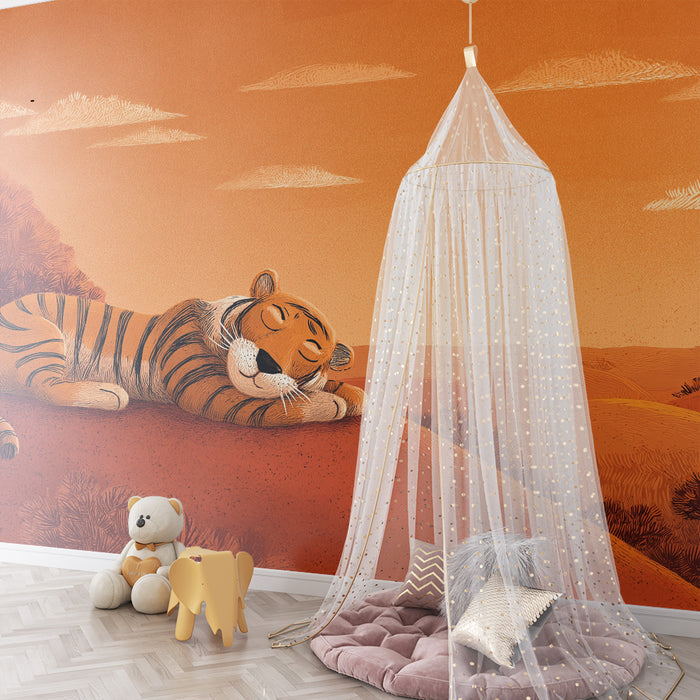 Børneværelse tapet | Søvnig tiger under en orange himmel