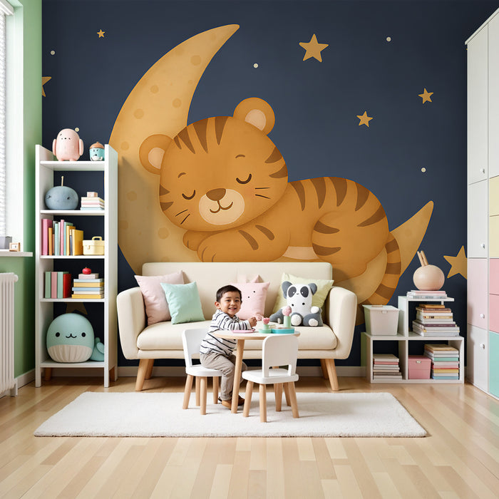 Carta da parati bambini | Tigre addormentato sulla luna