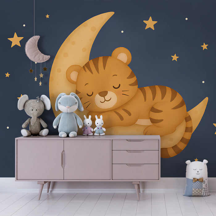 Carta da parati bambini | Tigre addormentato sulla luna