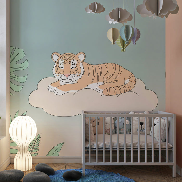 Kinderzimmer Tapete | Schlafender Tiger auf einer Wolke