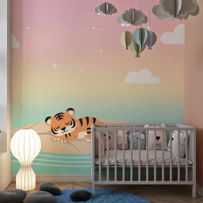 Kinderzimmer Tapete | Schlafender Tiger auf einem magischen Blatt