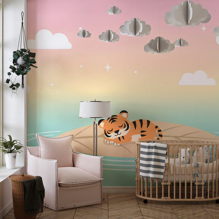 Kinderzimmer Tapete | Schlafender Tiger auf einem magischen Blatt