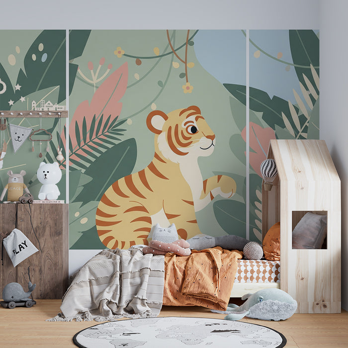 Barntapet | Lekfull tiger mitt i grönskande djungel