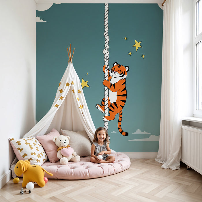 Kinderzimmer Tapete | Verspielter Tiger klettert an einem Seil unter einem Sternenhimmel