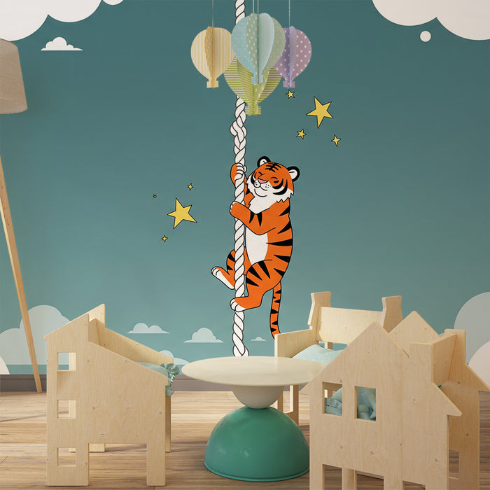 Kinderzimmer Tapete | Verspielter Tiger klettert an einem Seil unter einem Sternenhimmel