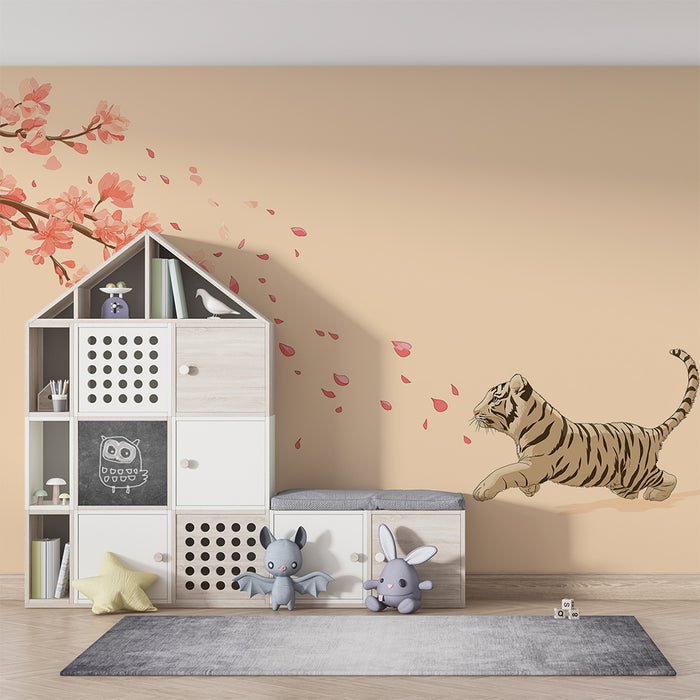 Børneværelse tapet | Skør tiger under blomstrende kirsebærtræer