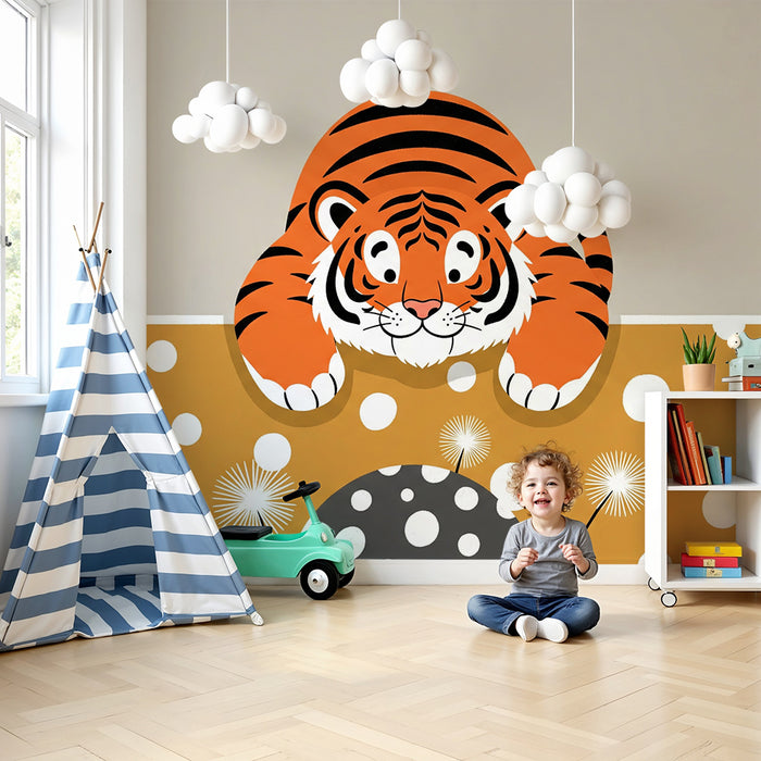 Kids' Room Wallpaper | Playful Tiger on a Colorful Background with Fun Patterns