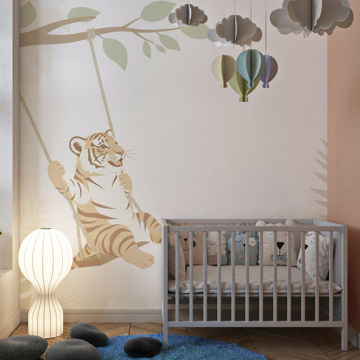 Kinderzimmer Tapete | Verspielter Tiger auf einer Schaukel
