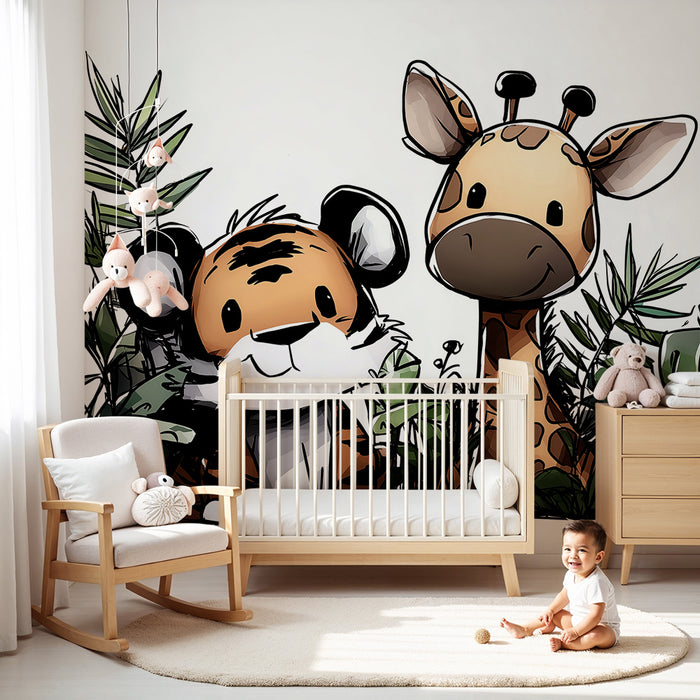 Barnrumstapet | Rolig tiger och giraff mitt i djungeln